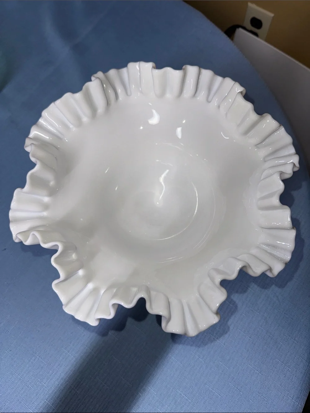 Fenton Hobnail Milk Glass Ruffled Edge Compote, 1950s Pedestal Dish 6.75” tall